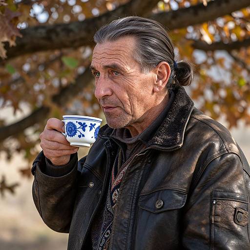 Photograph of an older man with gray hair in a ponytail, wearing a black leather jacket, holding a blue and white teacup, standing