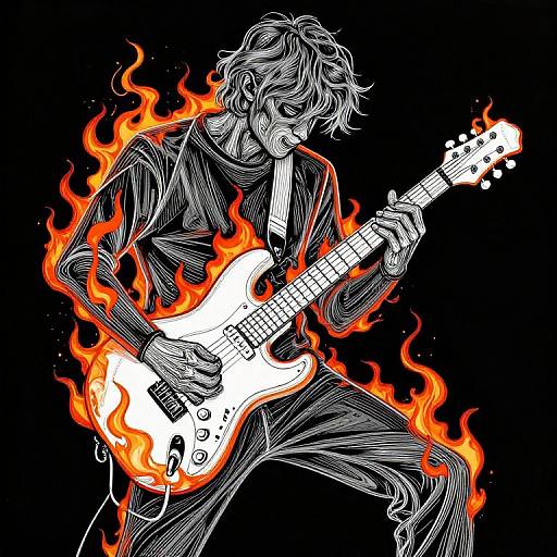 Digital drawing of a wild-haired musician with white electric guitar engulfed in fiery orange flames, playing passionately against a black background.