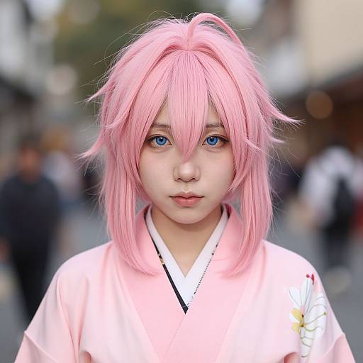 Realistic Pink-Haired Girl in Kimono