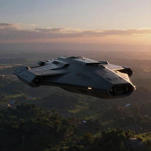 Photorealistic CGI of a futuristic, dark grey, wedge-shaped spaceship flying over a lush, forested landscape at sunset. Sunlight illuminates the