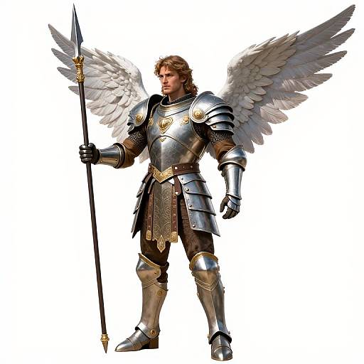 Photorealistic digital art of a blond, muscular angelic warrior in silver armor with white wings, holding a spear, standing against a white background.