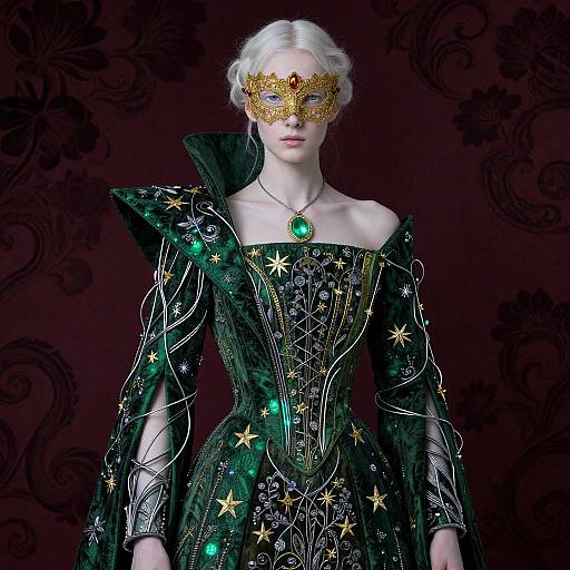 Photograph of a pale-skinned woman with platinum blonde hair, wearing an ornate gold masquerade mask, black star-studded gown, and