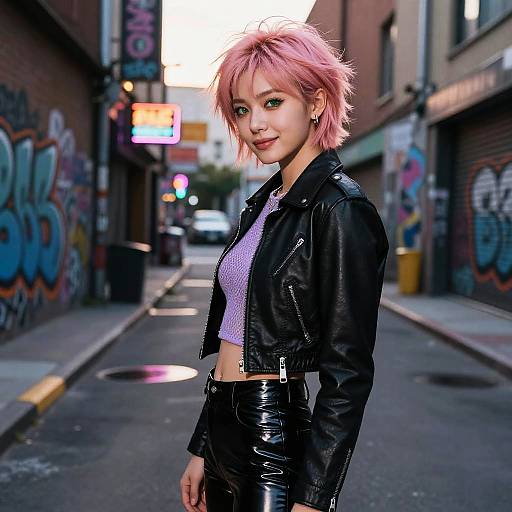 Photograph of a young woman with pink, messy hair wearing a black leather jacket and shiny black pants, standing on a graffiti-covered urban street at dusk