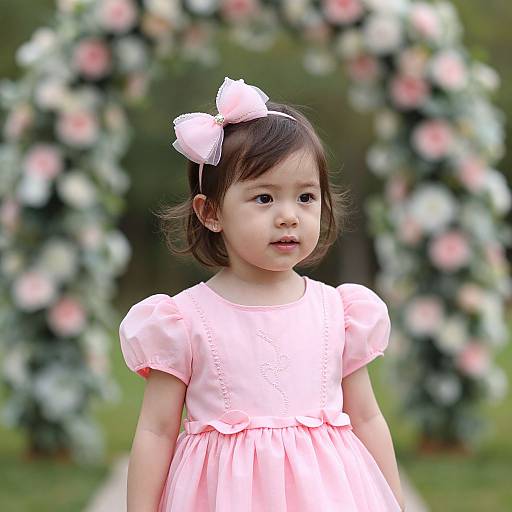 Toddler in Pink Dress by Flower Arch