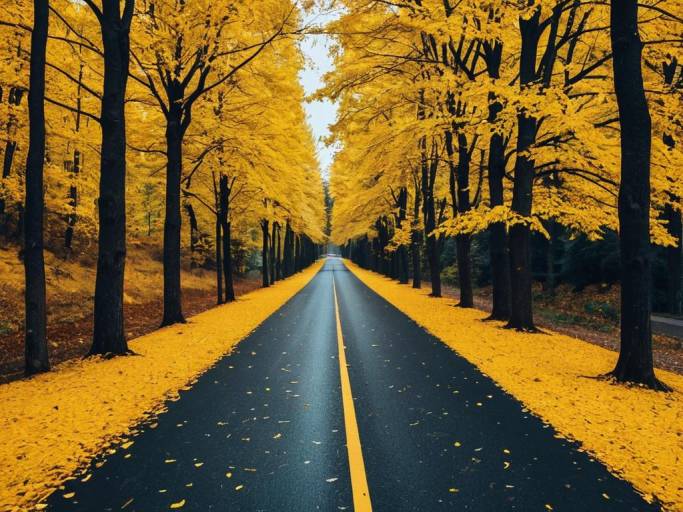 Autumn Road Through Golden Leaves