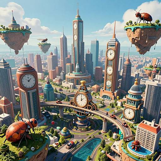 Whimsical CGI cityscape featuring floating clock towers, giant insects, and floating islands against a bright blue sky with fluffy clouds.