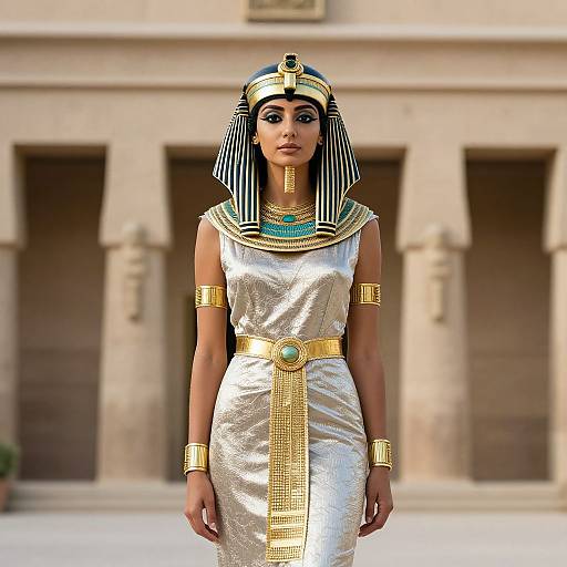 Photograph of a woman in an Egyptian-style silver dress with gold accessories, striped headdress, and turquoise necklace, standing in front of a stone building