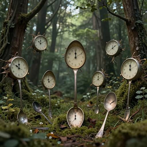 Photograph of a surreal forest scene featuring clock faces on metallic stems, surrounded by moss and foliage, with sunlight filtering through trees.