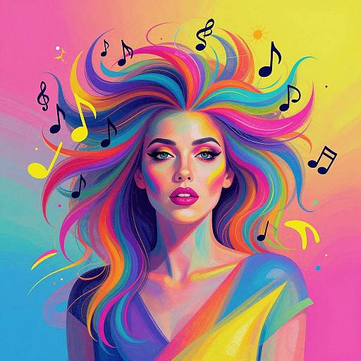 Digital art of a woman with vibrant, rainbow-colored hair, musical notes floating around her head, against a gradient pink-yellow-blue background.