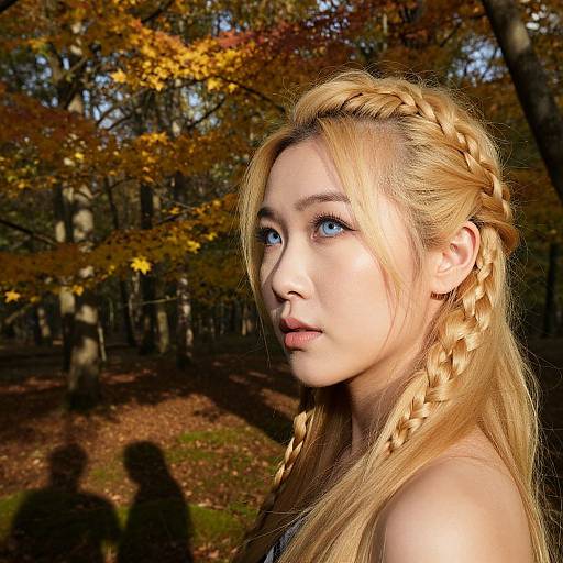 Photograph of a blonde woman with braided hair, blue eyes, and fair skin, standing in an autumn forest with vibrant orange and yellow leaves.