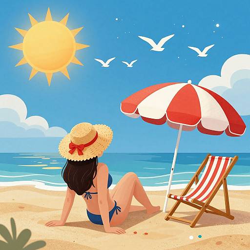 Digital illustration of a woman in a blue bikini and straw hat, sitting on a beach under a red-and-white umbrella, with seagulls and a