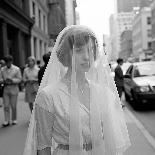 Black-and-white photograph of a woman in a short veil and vintage dress standing on a busy city street, cars and pedestrians blurred in the background.