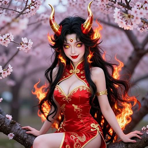 Digital artwork of a demon woman with fiery horns, long black hair, red dress, golden accents, and glowing yellow eyes, sitting on a cherry blossom