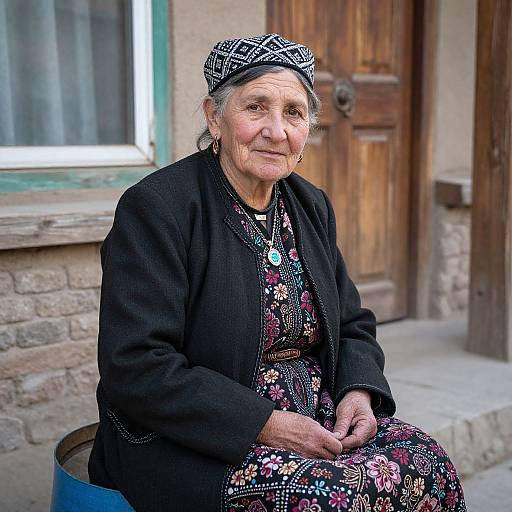 Photograph of an elderly woman with wrinkled skin, wearing a black jacket, patterned dress, and checkered headscarf, seated outdoors against