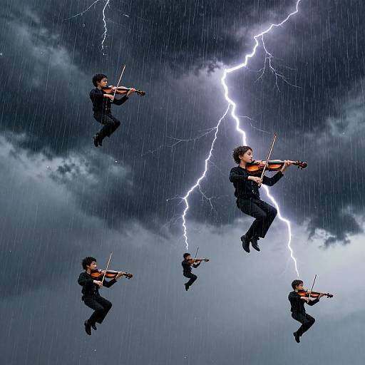Photograph-style digital art: Five violinists in black clothing, mid-air, playing against a stormy sky with bright lightning, raining water droplets