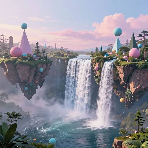 Fantastical landscape CGI: colorful geometric structures on floating cliffs, a large waterfall cascading into a misty pool, pastel sky, and whims