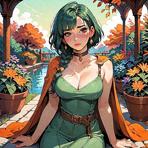 Digital anime-style drawing of a green-eyed, green-haired woman with large breasts, wearing a green dress and brown belt, sitting in a colorful, sunny