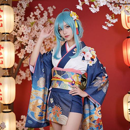 Photograph of a blue-haired woman in a colorful, floral-patterned kimono, standing in front of cherry blossoms and lanterns, against a