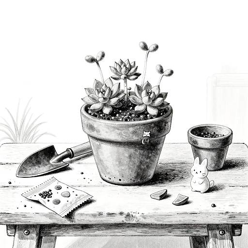 Whimsical Black-and-White Garden Still Life