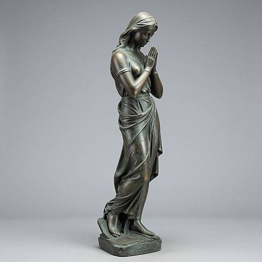 Photograph of a bronze statue of a praying woman in a draped dress and headscarf, standing on a rectangular base, with a plain gray background