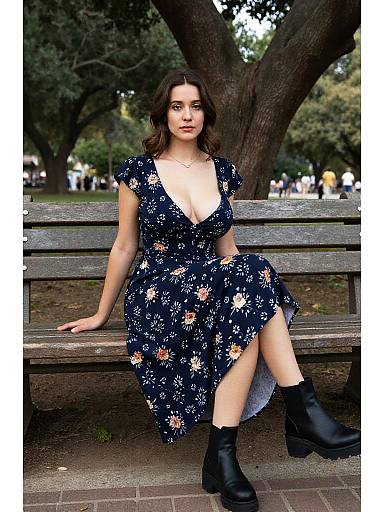 Photograph of a brunette woman with wavy hair, wearing a deep V-neck, navy floral dress, and black boots, sitting on a park bench
