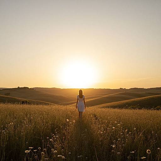 Photograph of a woman in a white dress standing in a sunlit golden field at sunset, with rolling hills and a glowing orange sky in the background