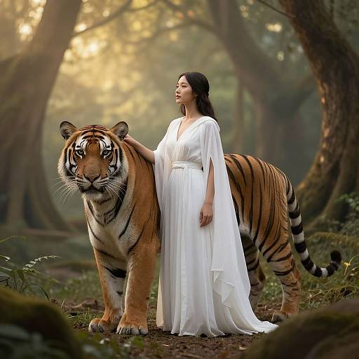 Photograph of a woman in a white, flowing dress standing beside a large tiger in a sunlit, misty forest. The woman gazes ahead