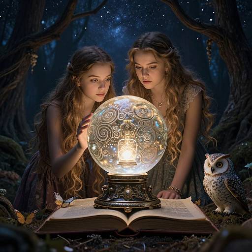 Two long-haired girls with fair skin and ethereal dresses, holding a glowing, ornate crystal orb over an open book, beside a wise owl in