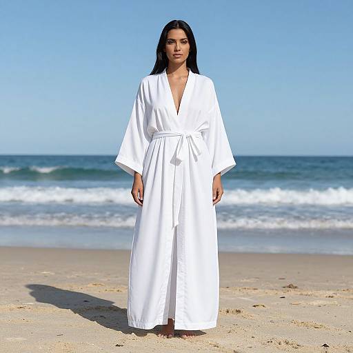 Photograph of a woman with long black hair standing on a sunny beach, wearing a white, long-sleeved, V-neck robe against a backdrop