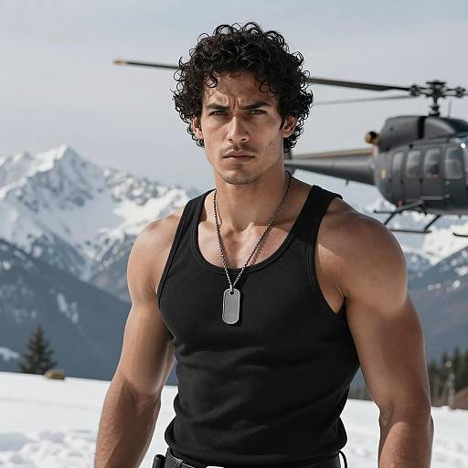 Muscular Man with Helicopter in Snowy Mountains