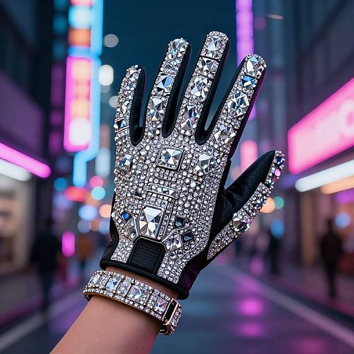 Photograph of a hand wearing a black, glittery, gem-embellished glove in a neon-lit urban street at night. Blurred