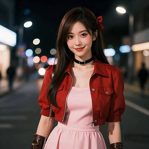 Young Woman in Red Jacket and Pink Dress at Night