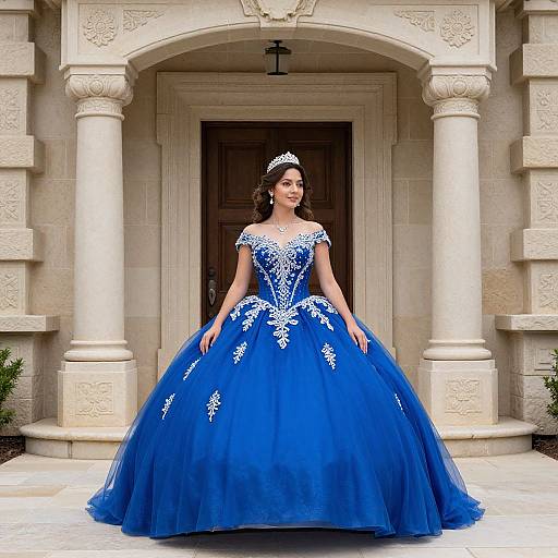 Photograph of a smiling woman in a vivid blue, intricately embroidered ball gown, standing in front of an ornate stone doorway.