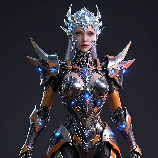 CGI image of a futuristic, armored, female warrior with glowing blue accents, orange and black armor, crystal crown, and intense gaze.