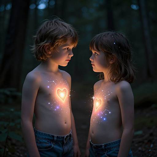 Photograph of two shirtless children with glowing heart and sparkles on their chests, standing in a dark forest, facing each other.