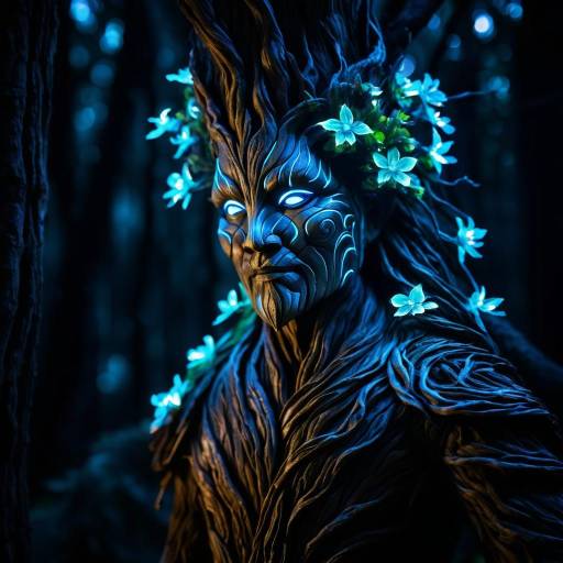 Ancient Tree Spirit with Bioluminescent Flowers
