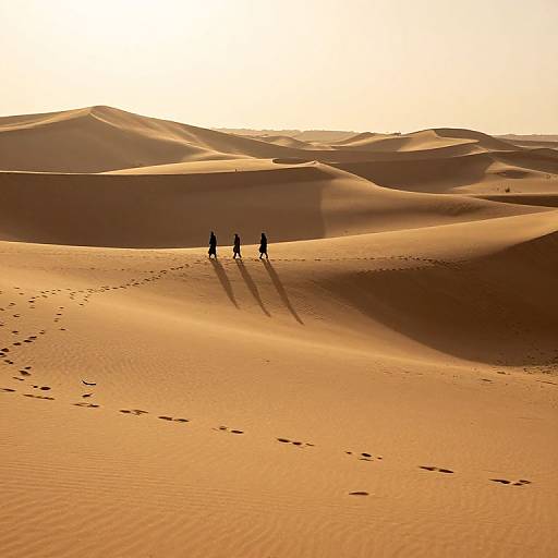 Photograph of three silhouetted figures walking in a vast, golden-orange desert with rippling sand dunes under a bright sunset. Their long