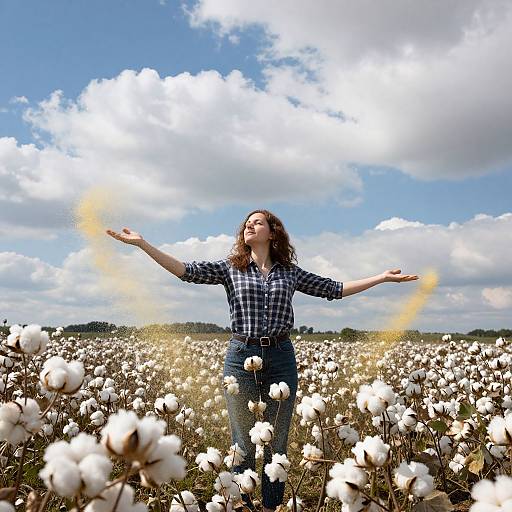 Photograph of a curly-haired woman in a blue checkered shirt and jeans, arms outstretched, standing in a vast cotton field under a bright