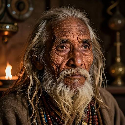 Photograph of an aged, wrinkled man with long white hair, white beard, and dark skin, illuminated by warm fireplace light, wearing multicol