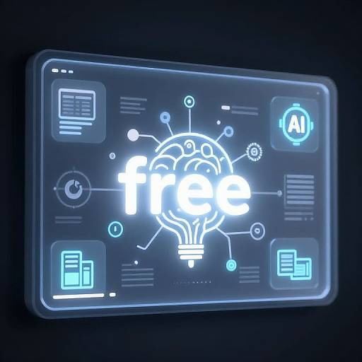 Digital illustration of a glowing blue rectangular screen displaying a white, illuminated light bulb with interconnected lines and icons on a dark background.