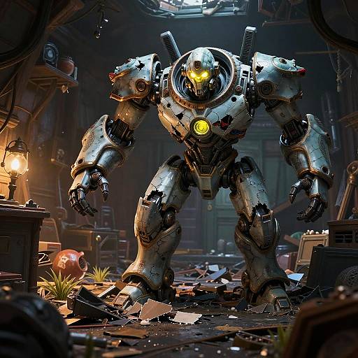 Digital sci-fi artwork of a towering, glowing-yellow-eyed, white and black armored robot standing in a dimly lit, cluttered, futuristic laboratory.