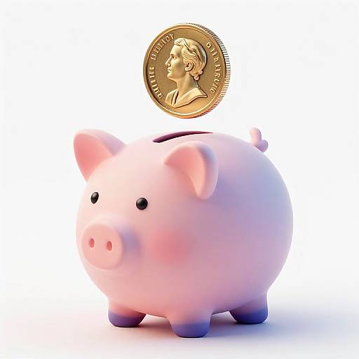 Photograph of a pink piggy bank with a coin hovering above it, white background, shiny gold coin, simple and modern style.