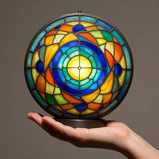 Photograph of a hand holding a round, colorful stained glass orb with a central yellow circle, surrounded by blue, orange, and green segments, against