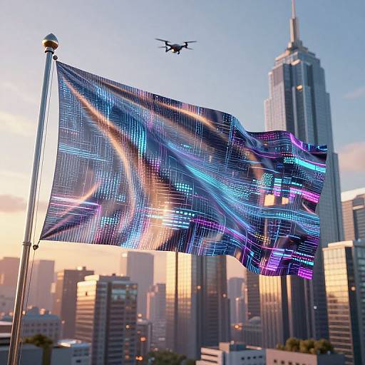Digital flag with vibrant blue, purple, and pink light patterns waving in front of a cityscape with a tall skyscraper and flying airplane at sunset.