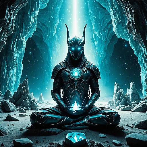 Ancient Celestial Guardian Meditating on Glowing Crystal