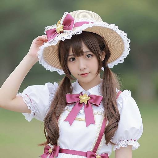 Photograph of an Asian young woman with long brown pigtails, wearing a white lace-trimmed blouse, pink ribbon bow, and straw hat