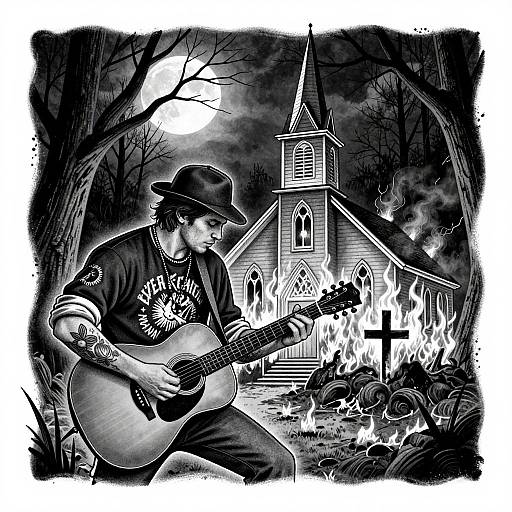 Black-and-white digital drawing: guitarist in hat plays near burning church, full moon, skeletal flowers, and eerie trees in background.