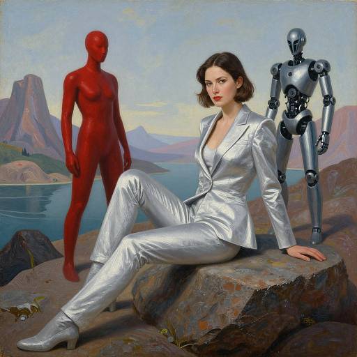 Digital painting of a woman in a shiny silver suit, sitting on rocks by a lake, with a red humanoid figure and a silver robot standing behind her