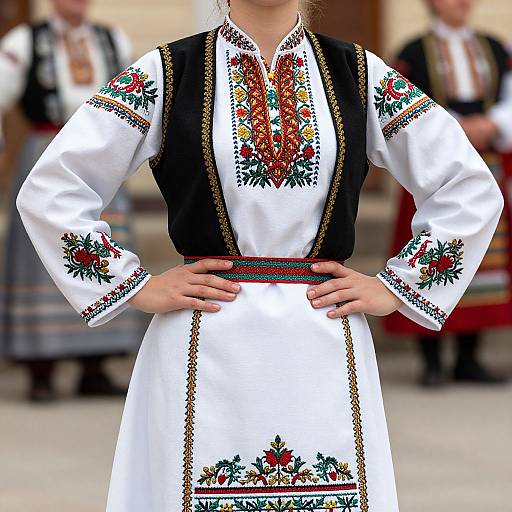 Photograph of a woman in traditional white embroidered dress with black vest, red and green floral patterns, hands on hips, blurred background.