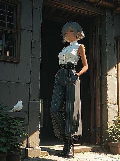 Anime Woman in Pinstripe Jumpsuit Standing in Sunlight